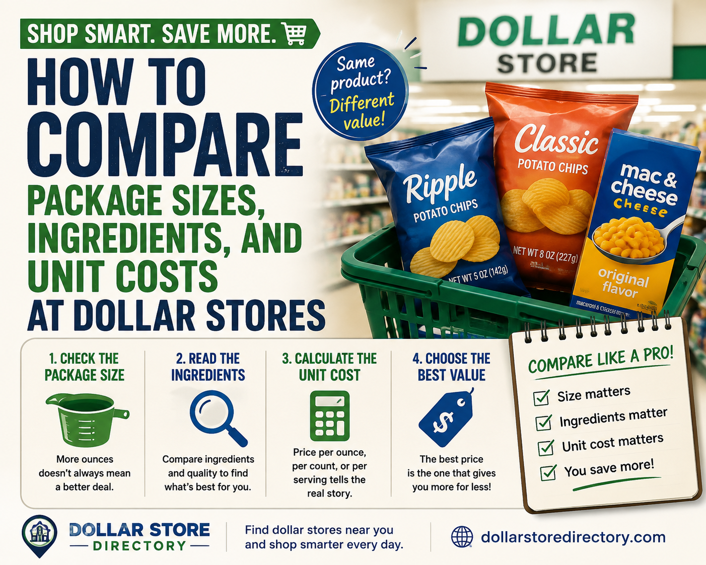 Editorial illustration for How to Compare Package Sizes, Ingredients, and Unit Costs at Dollar Stores