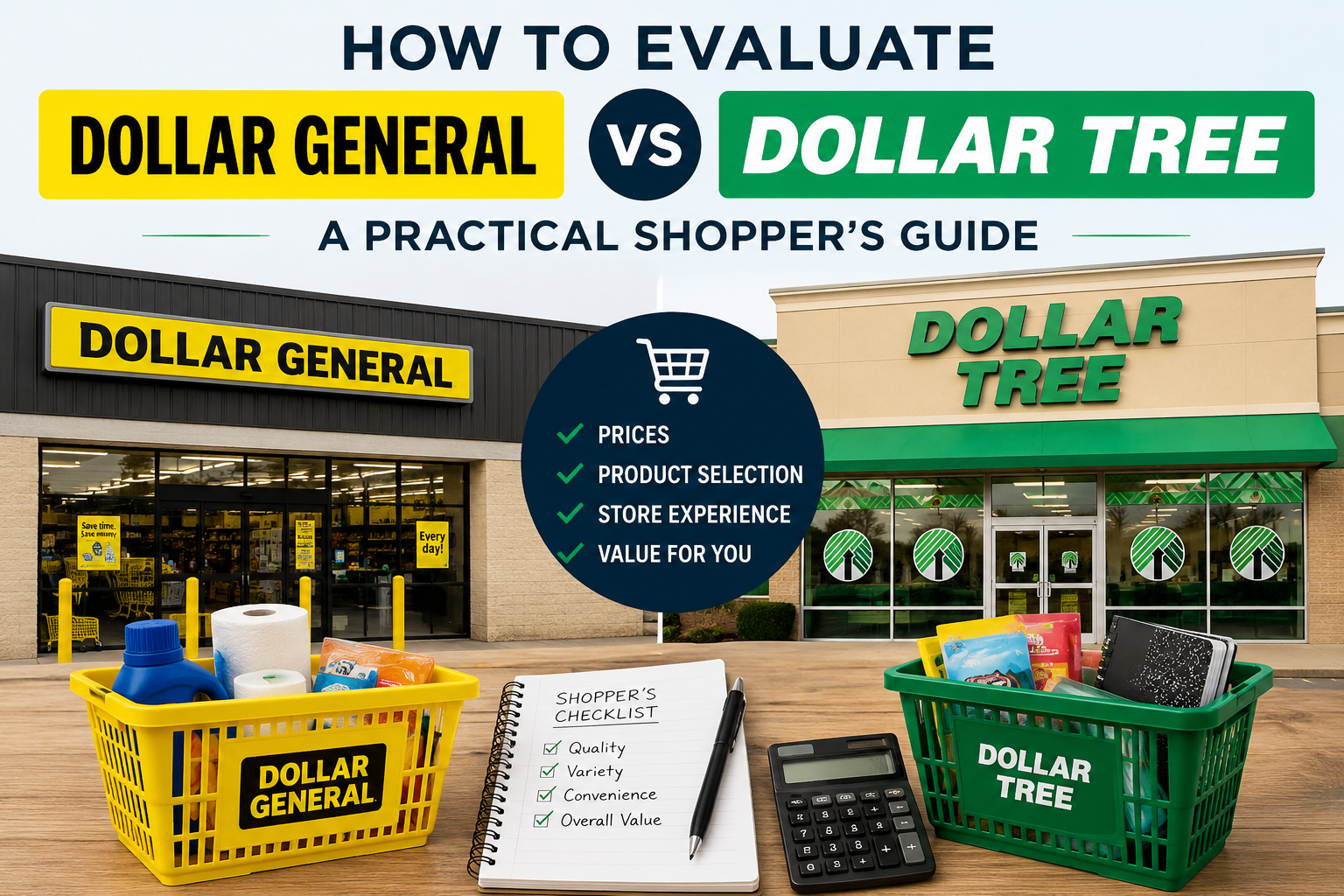 Editorial illustration for How to Compare Dollar General and Dollar Tree: A Practical Shopper’s Checklist
